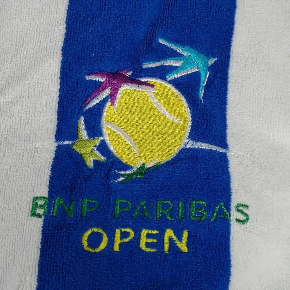 BNP Paribas Open Tennis Tournament Towel Blue White Embroidered Logo Beach Pool